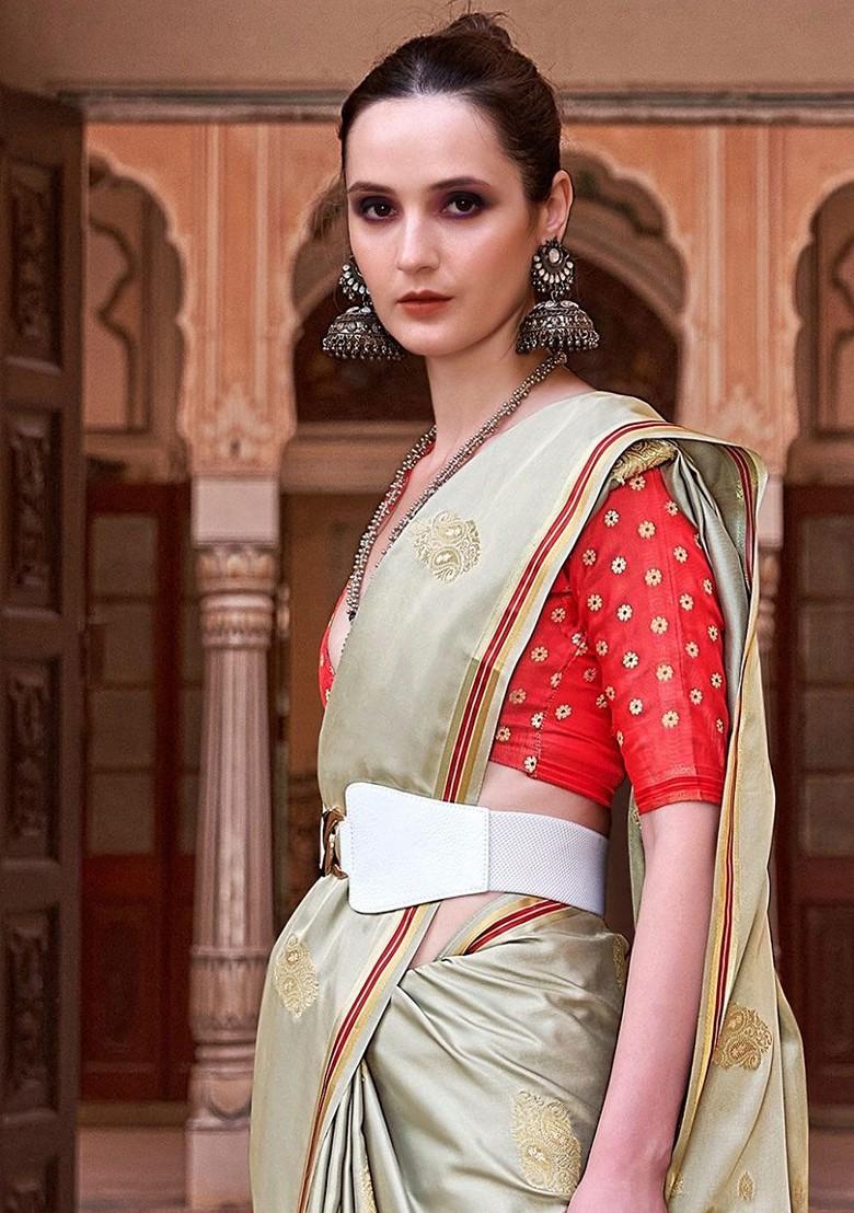 Grey Embroidered Poly Blend Saree Set With Blouse