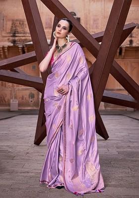 Lavender Embroidered Poly Blend Saree Set With Blouse