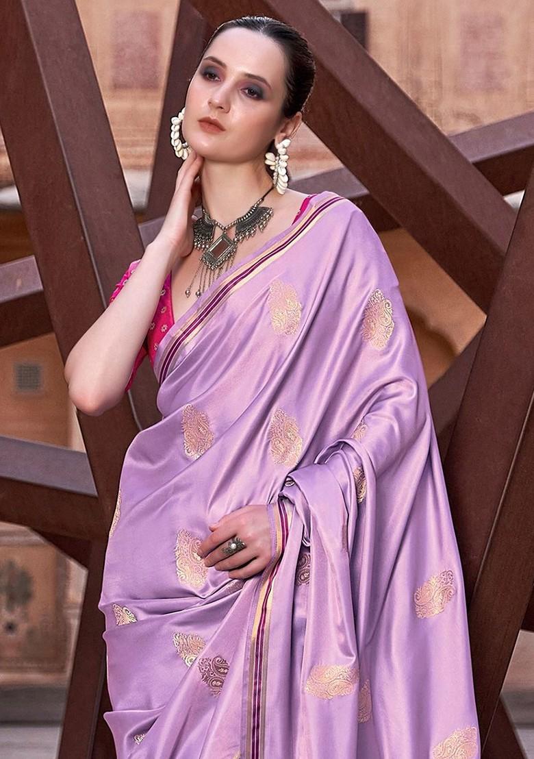 Lavender Embroidered Poly Blend Saree Set With Blouse