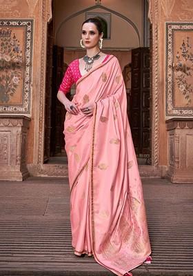Peach Embroidered Poly Blend Saree Set With Blouse