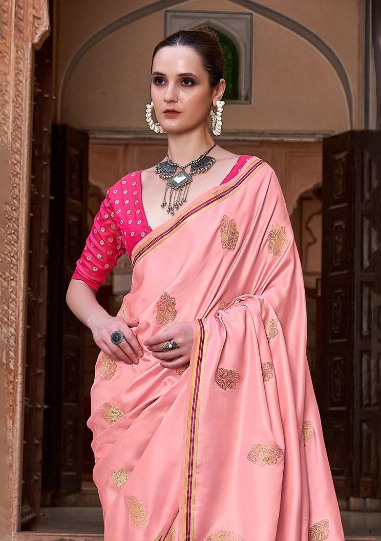 Peach Embroidered Poly Blend Saree Set With Blouse