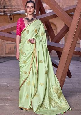 Lime Green Embroidered Poly Blend Saree Set With Blouse