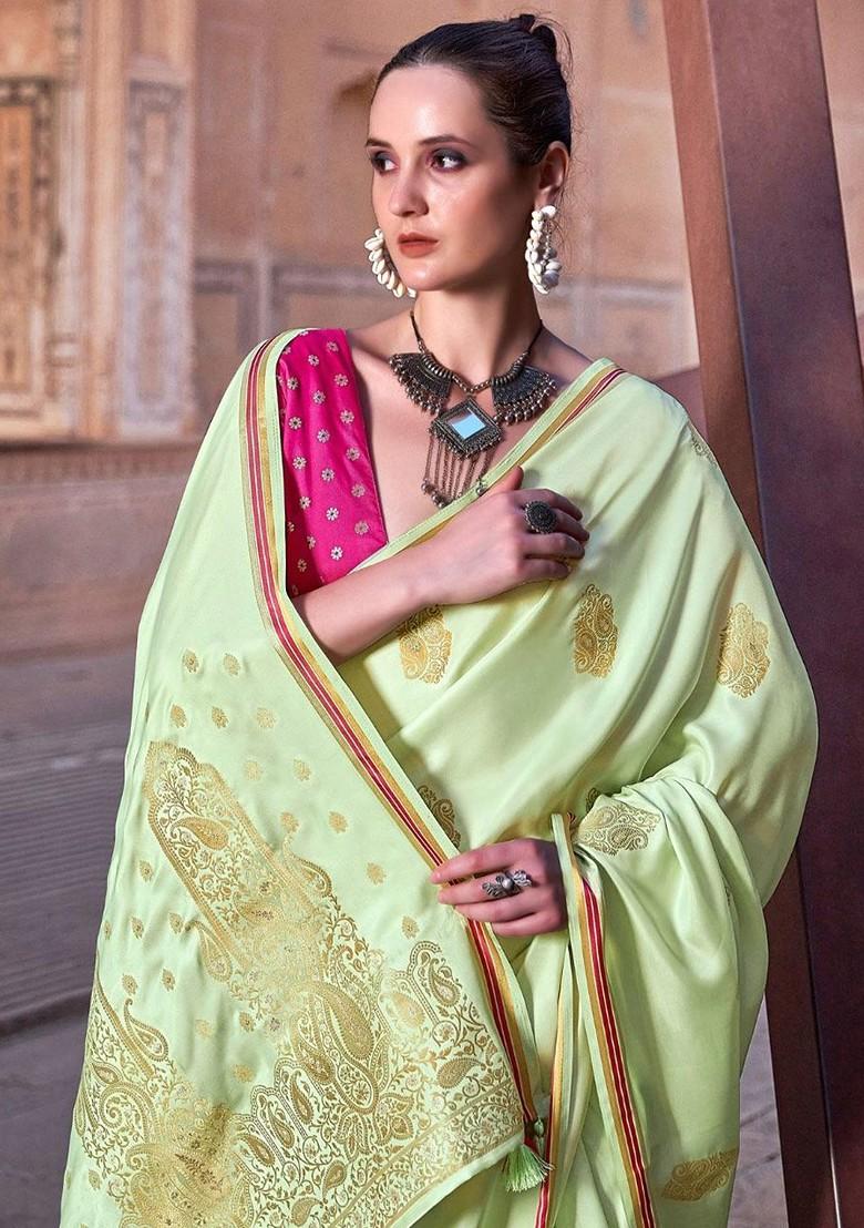 Lime Green Embroidered Poly Blend Saree Set With Blouse
