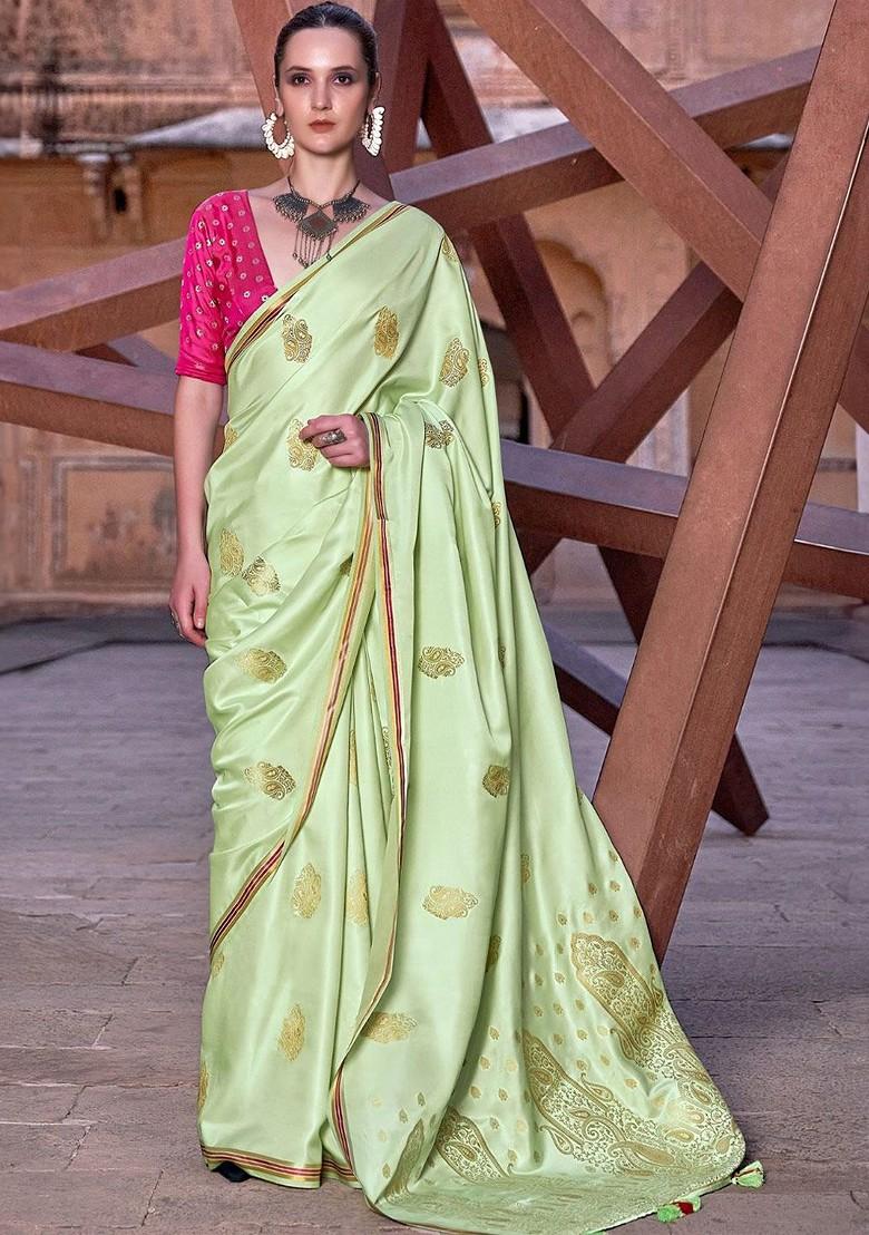 Lime Green Embroidered Poly Blend Saree Set With Blouse