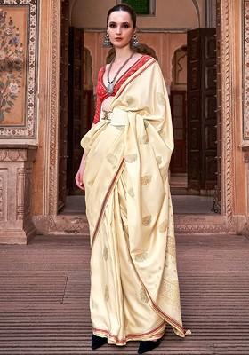 Cream Embroidered Poly Blend Saree Set With Blouse