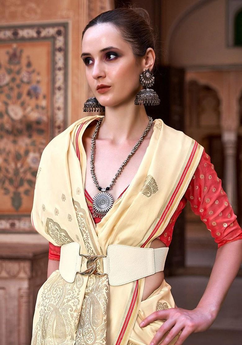 Cream Embroidered Poly Blend Saree Set With Blouse