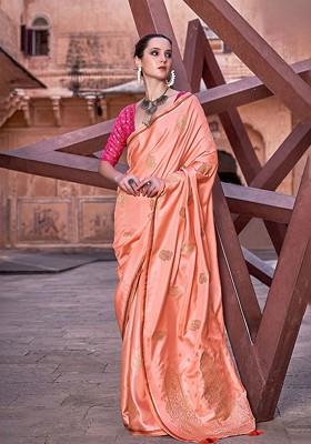 Orange Embroidered Poly Blend Saree Set With Blouse
