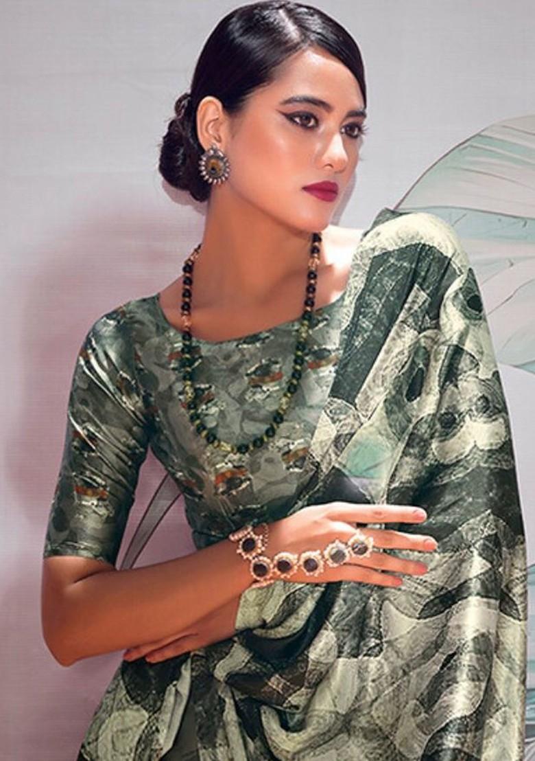Green Printed Poly Blend Saree Set With Blouse
