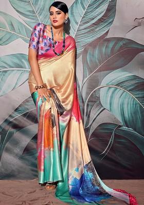 Cream Embroidered Poly Blend Saree Set With Blouse