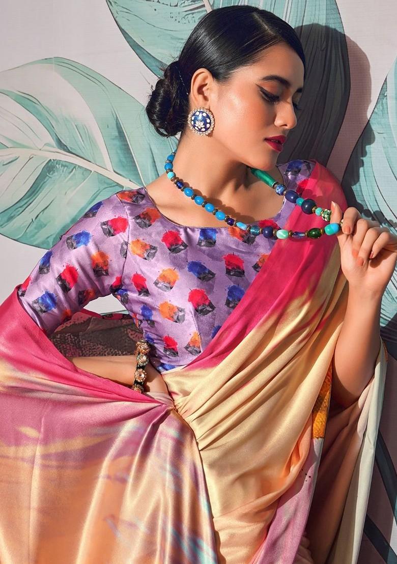 Cream Embroidered Poly Blend Saree Set With Blouse