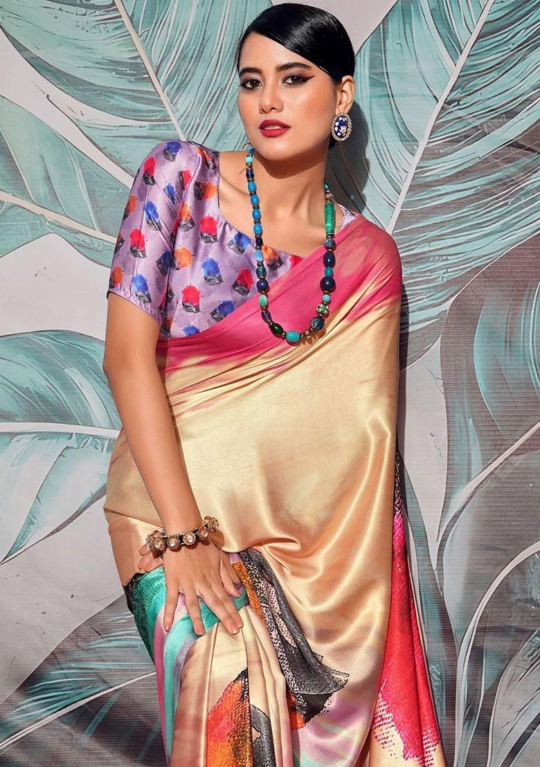 Cream Embroidered Poly Blend Saree Set With Blouse