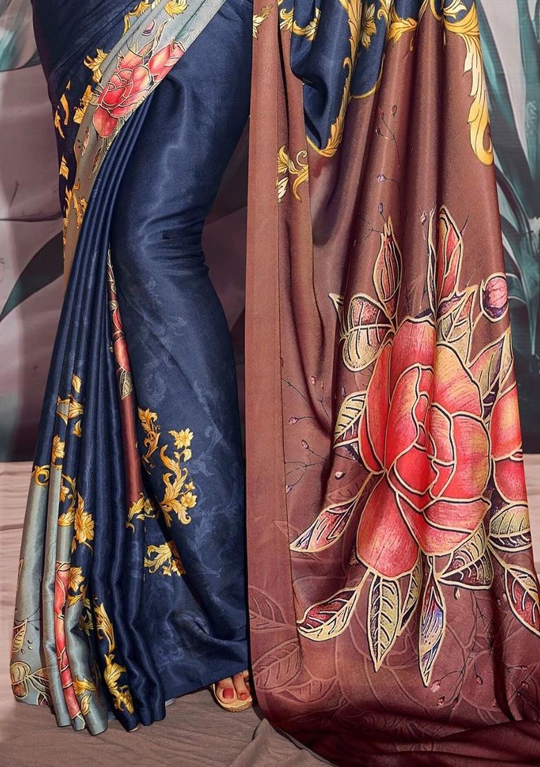 Blue Embroidered Poly Blend Saree Set With Blouse