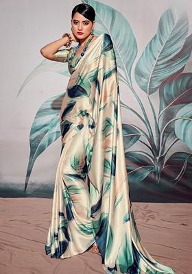 Cream Embroidered Poly Blend Saree Set With Blouse