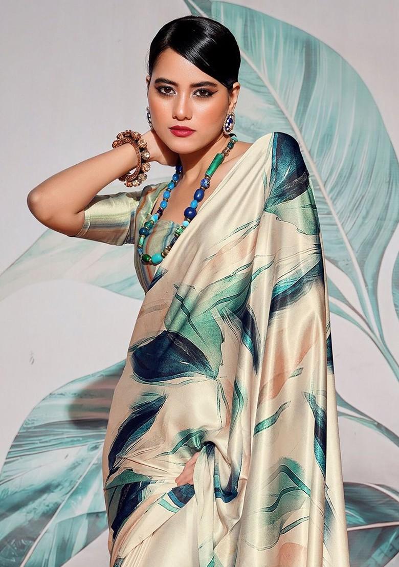 Cream Embroidered Poly Blend Saree Set With Blouse