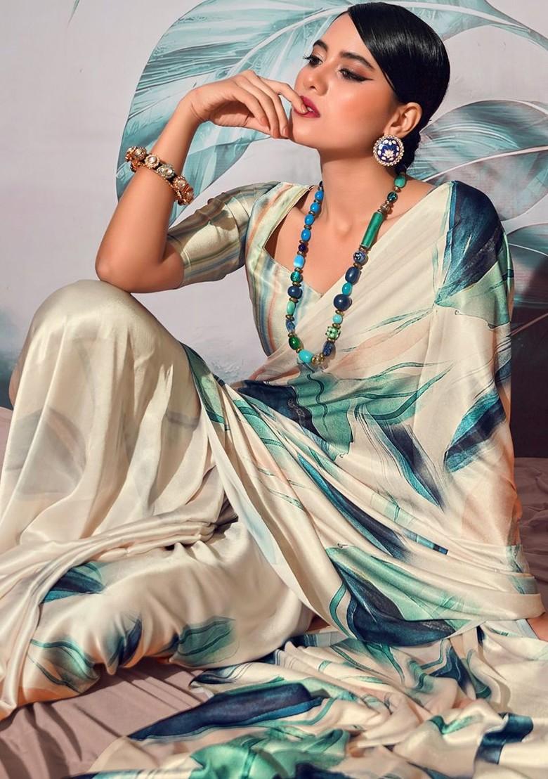 Cream Embroidered Poly Blend Saree Set With Blouse