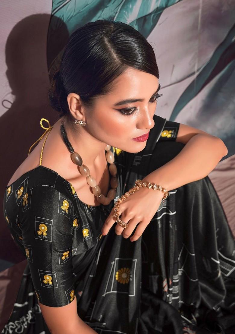 Black Embroidered Poly Blend Saree Set With Blouse