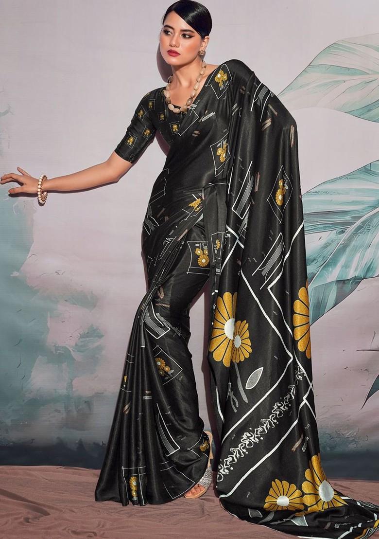 Black Embroidered Poly Blend Saree Set With Blouse