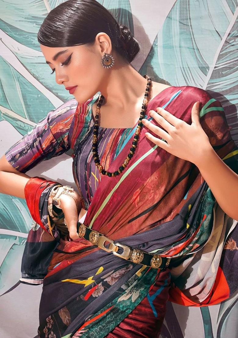 Red Embroidered Poly Blend Saree Set With Blouse