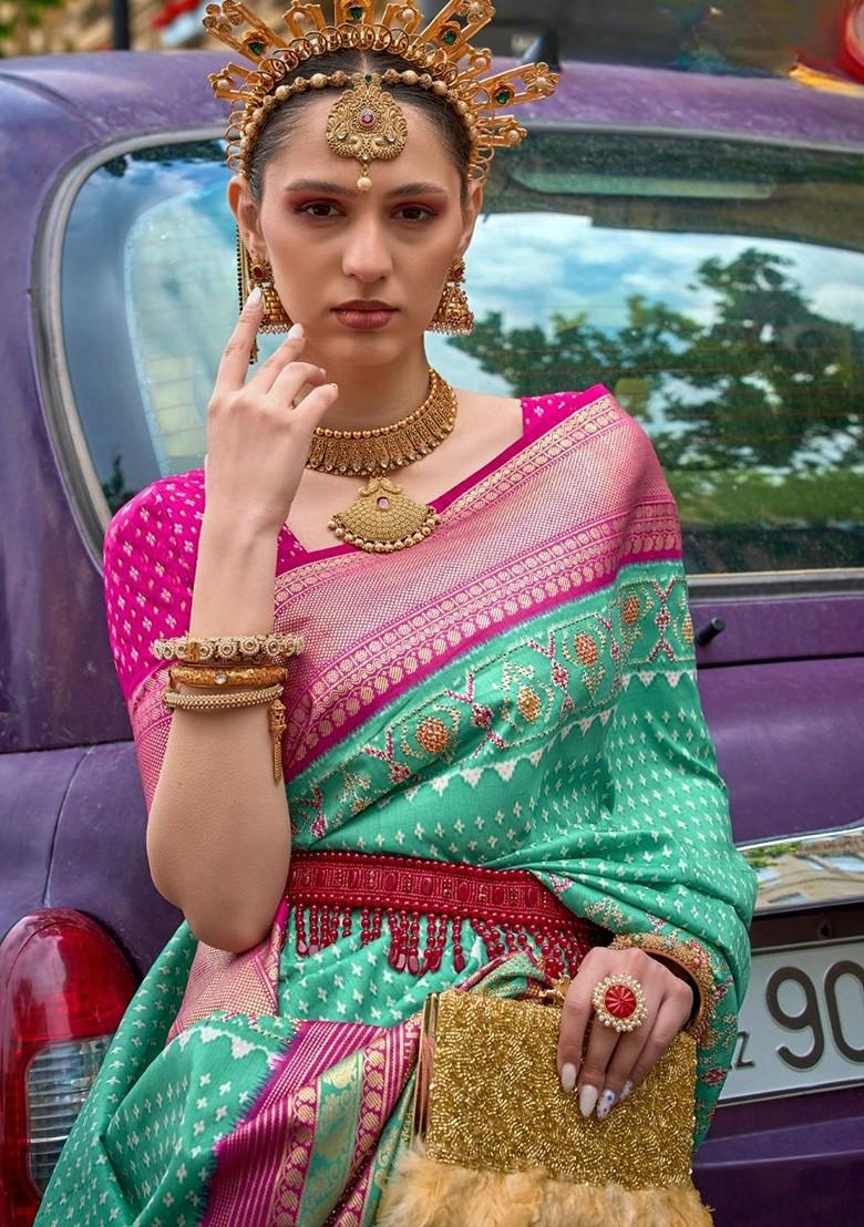 Sea Green Woven Design Poly Blend Saree Set With Blouse
