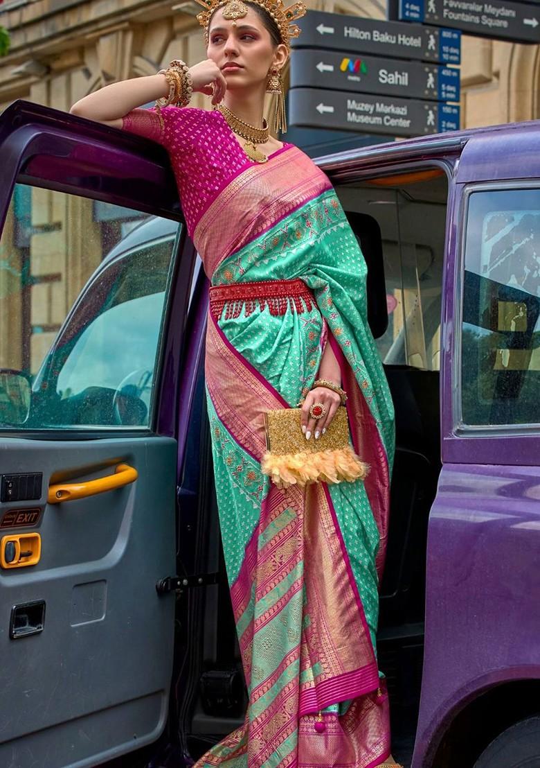 Sea Green Woven Design Poly Blend Saree Set With Blouse