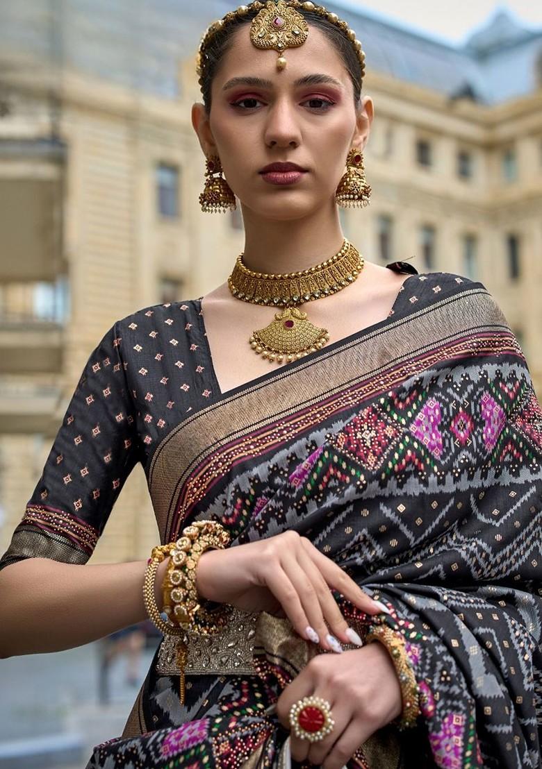 Black Embroidered Poly Blend Saree Set With Blouse