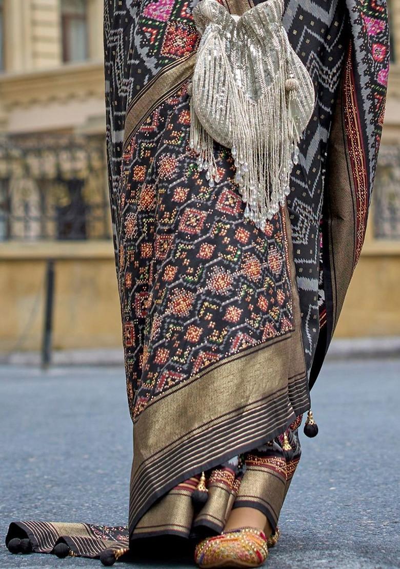 Black Embroidered Poly Blend Saree Set With Blouse