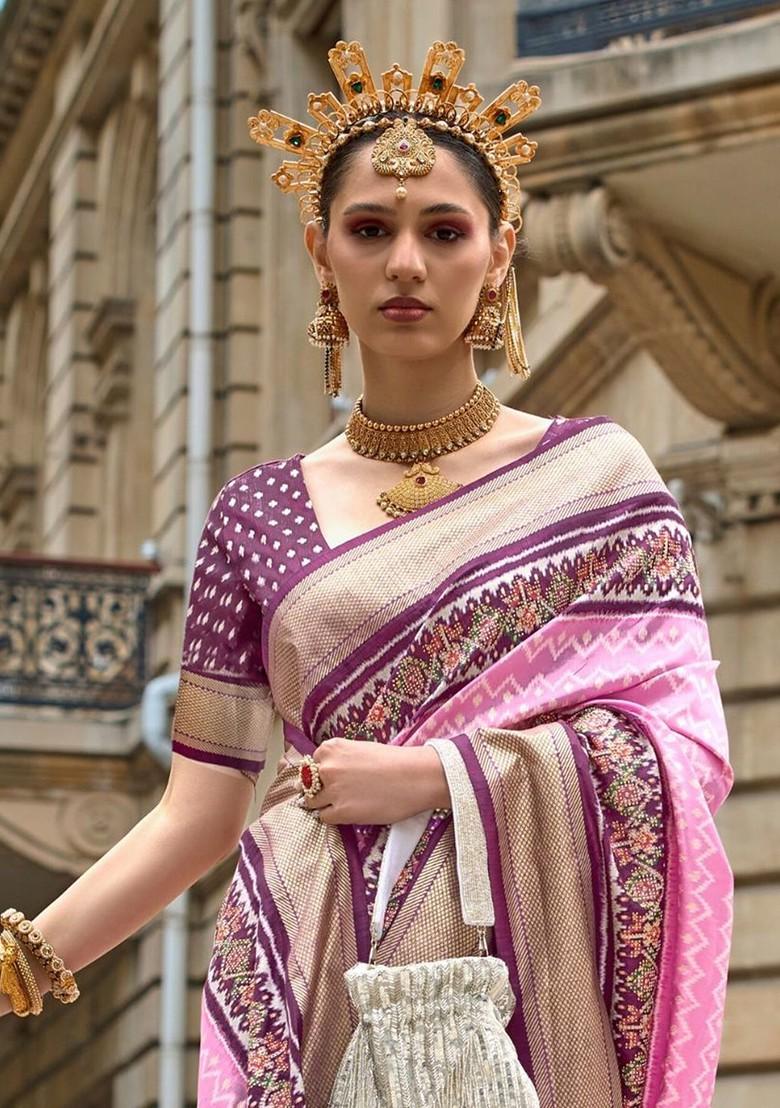 Pink Embroidered Poly Blend Saree Set With Blouse