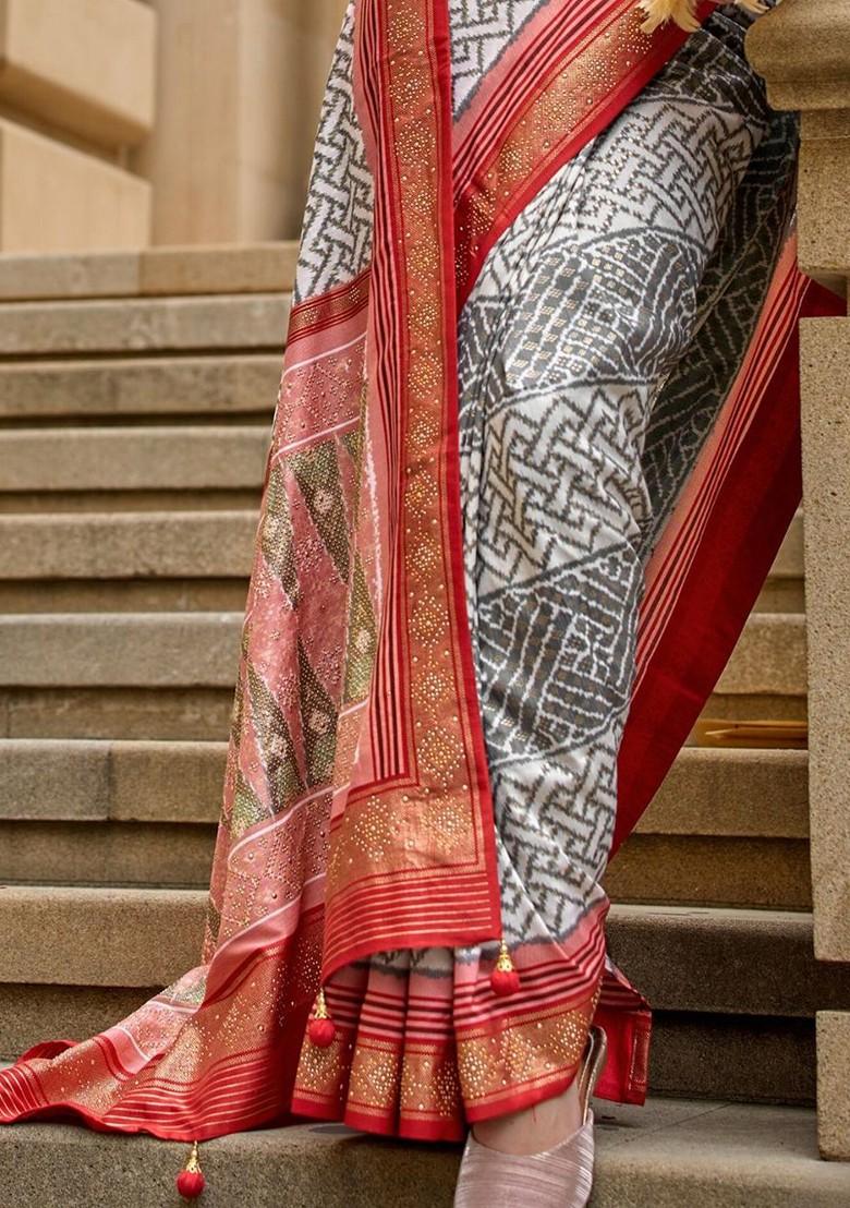 White Embroidered Poly Blend Saree Set With Blouse