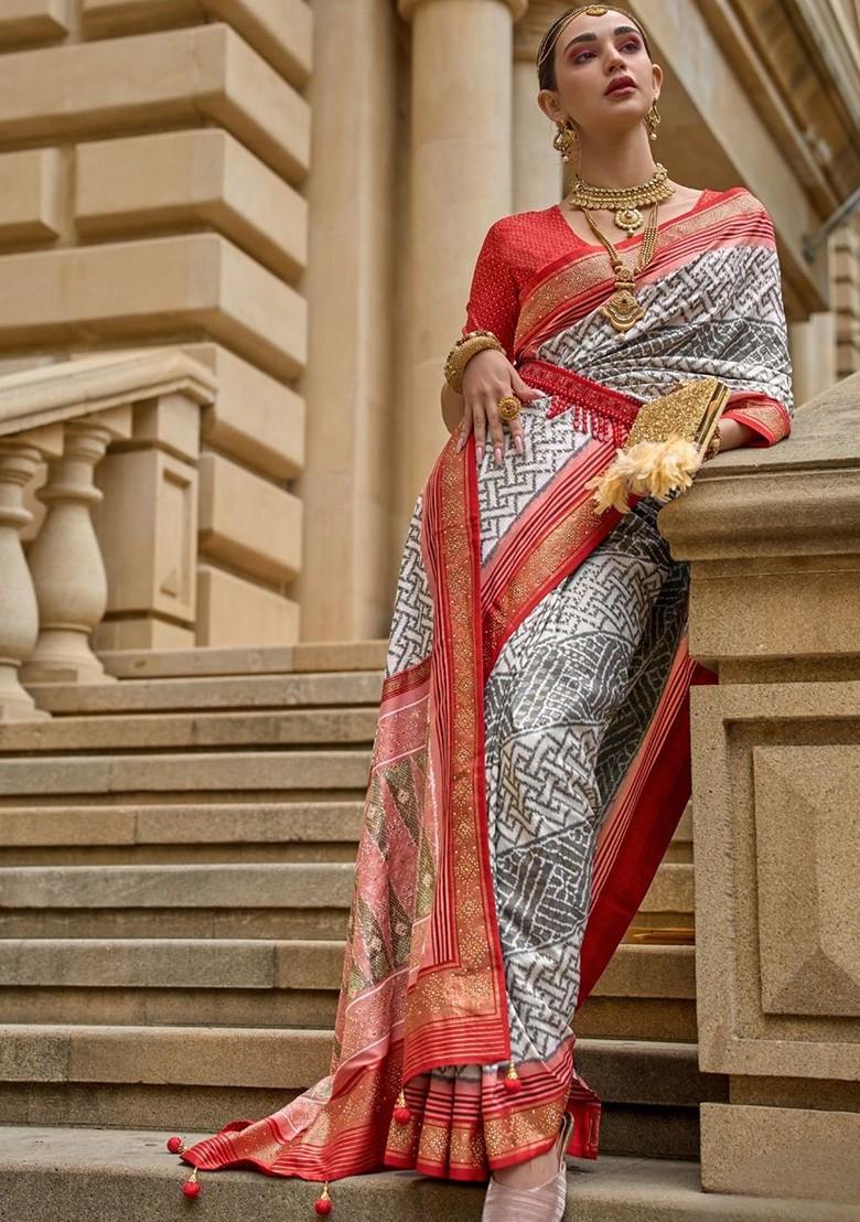 White Embroidered Poly Blend Saree Set With Blouse