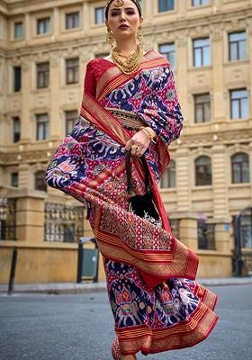 Navy Blue Embroidered Poly Blend Saree Set With Blouse