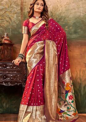 Red Embroidered Poly Blend Saree Set With Blouse