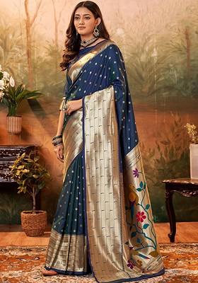 Navy Blue Embroidered Poly Blend Saree Set With Blouse