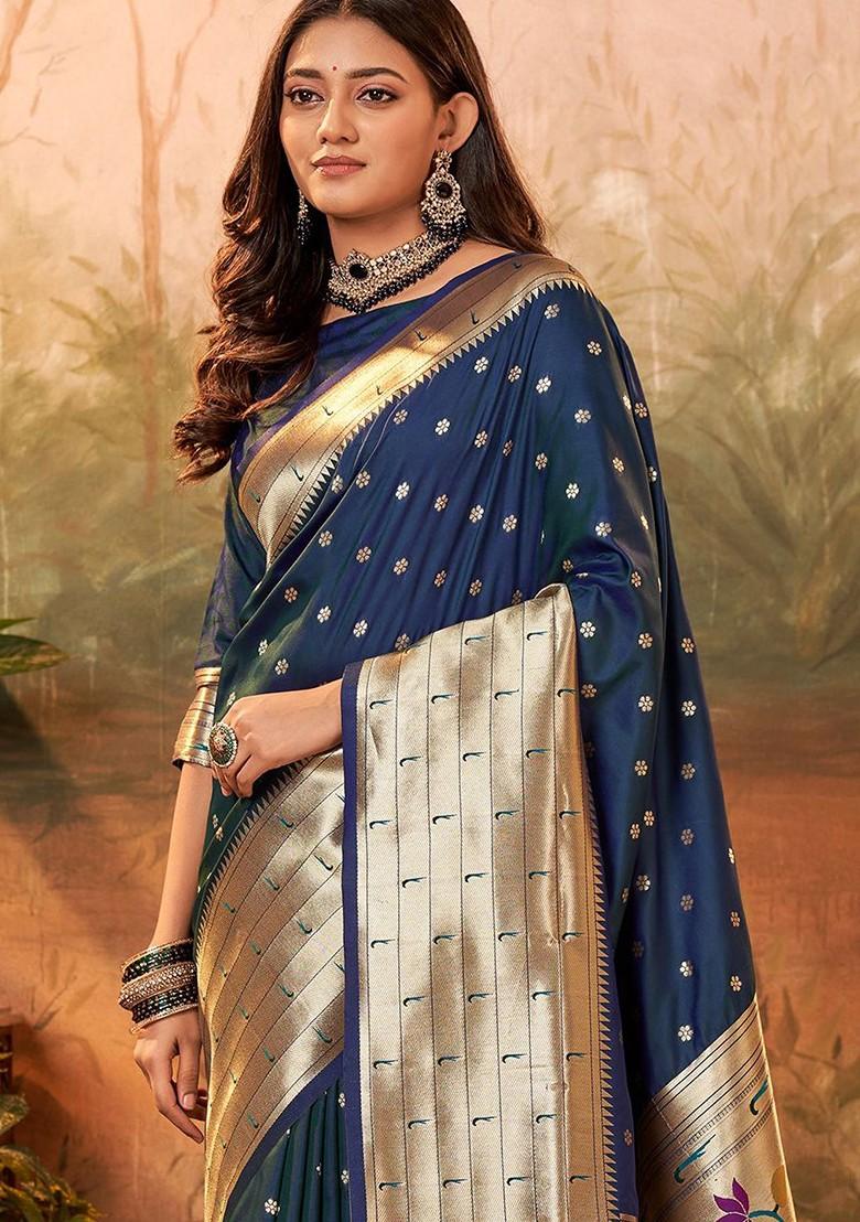 Navy Blue Embroidered Poly Blend Saree Set With Blouse