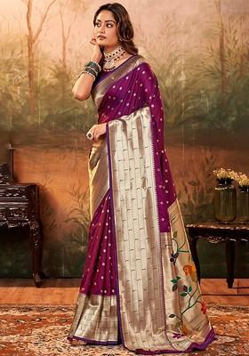 Purple Embroidered Poly Blend Saree Set With Blouse