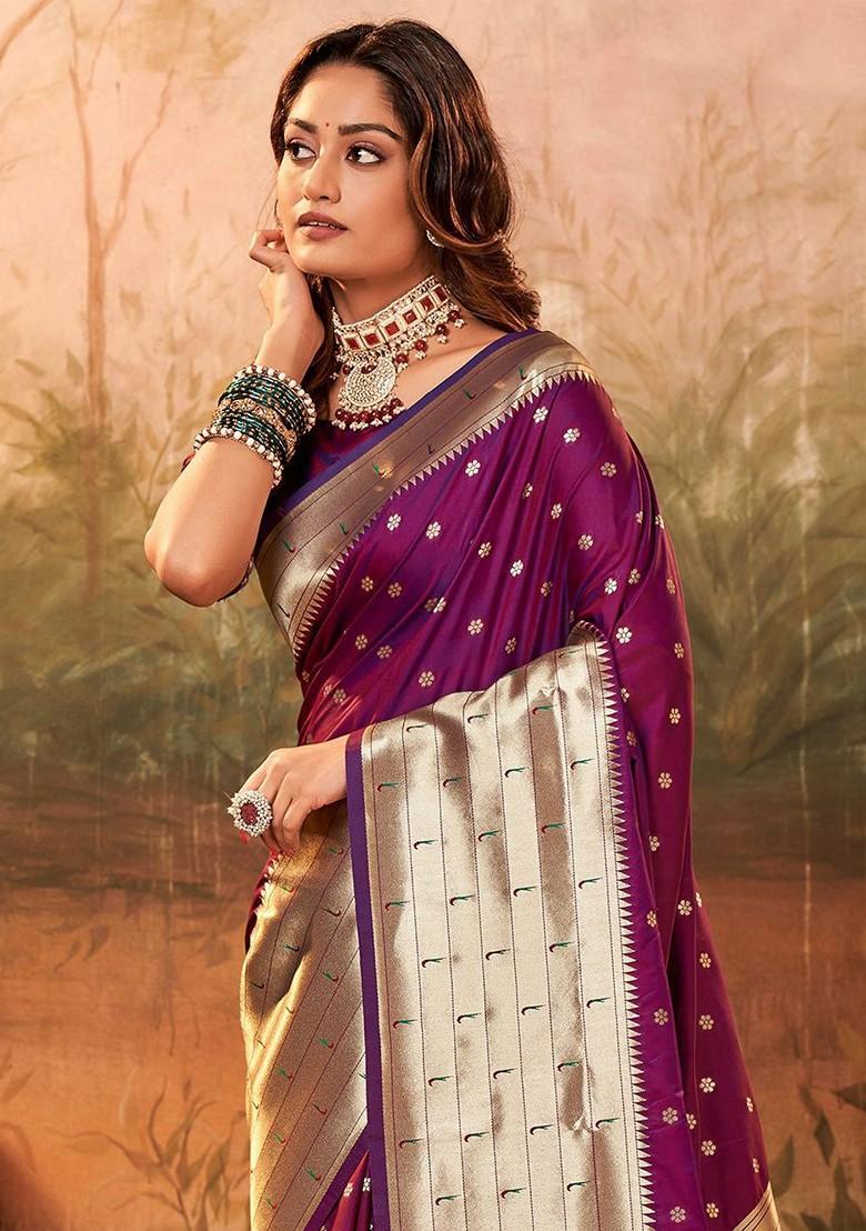 Purple Embroidered Poly Blend Saree Set With Blouse