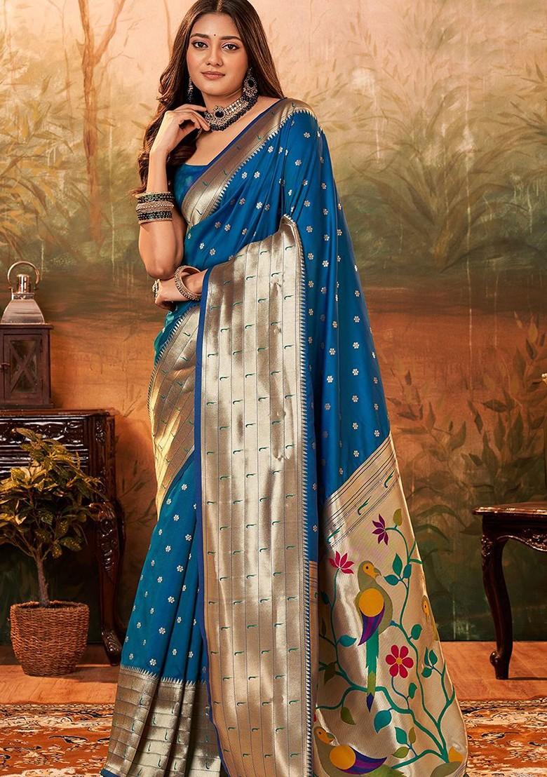 Blue Embroidered Poly Blend Saree Set With Blouse