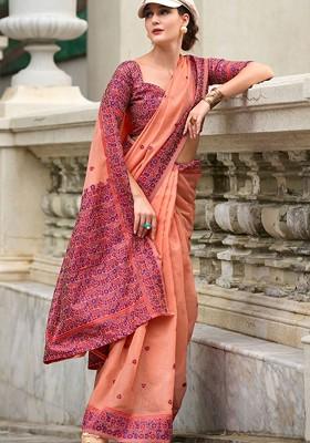 Orange Embroidered Poly Blend Saree Set With Blouse