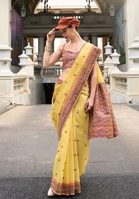 Yellow Woven Design Poly Blend Saree Set With Blouse