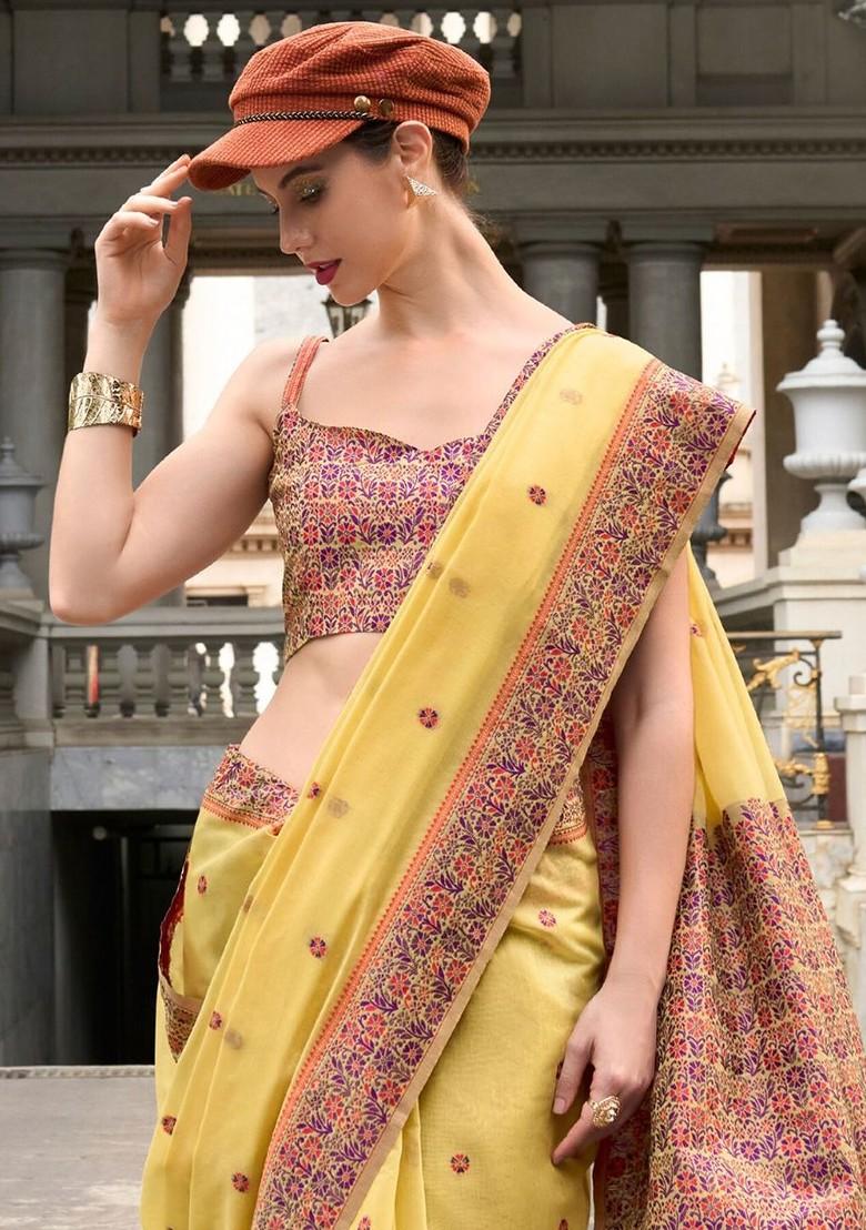 Yellow Woven Design Poly Blend Saree Set With Blouse