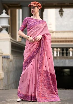 Pink Embroidered Poly Blend Saree Set With Blouse