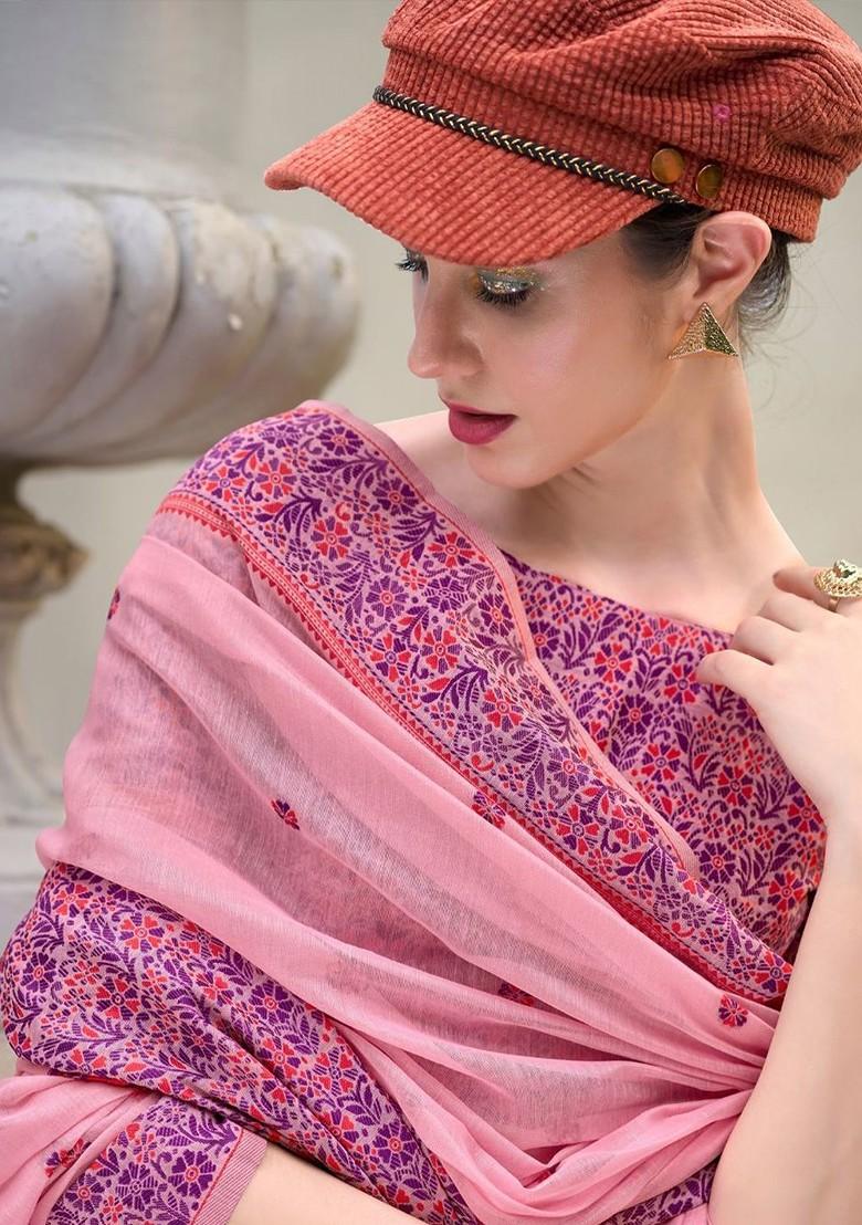 Pink Embroidered Poly Blend Saree Set With Blouse