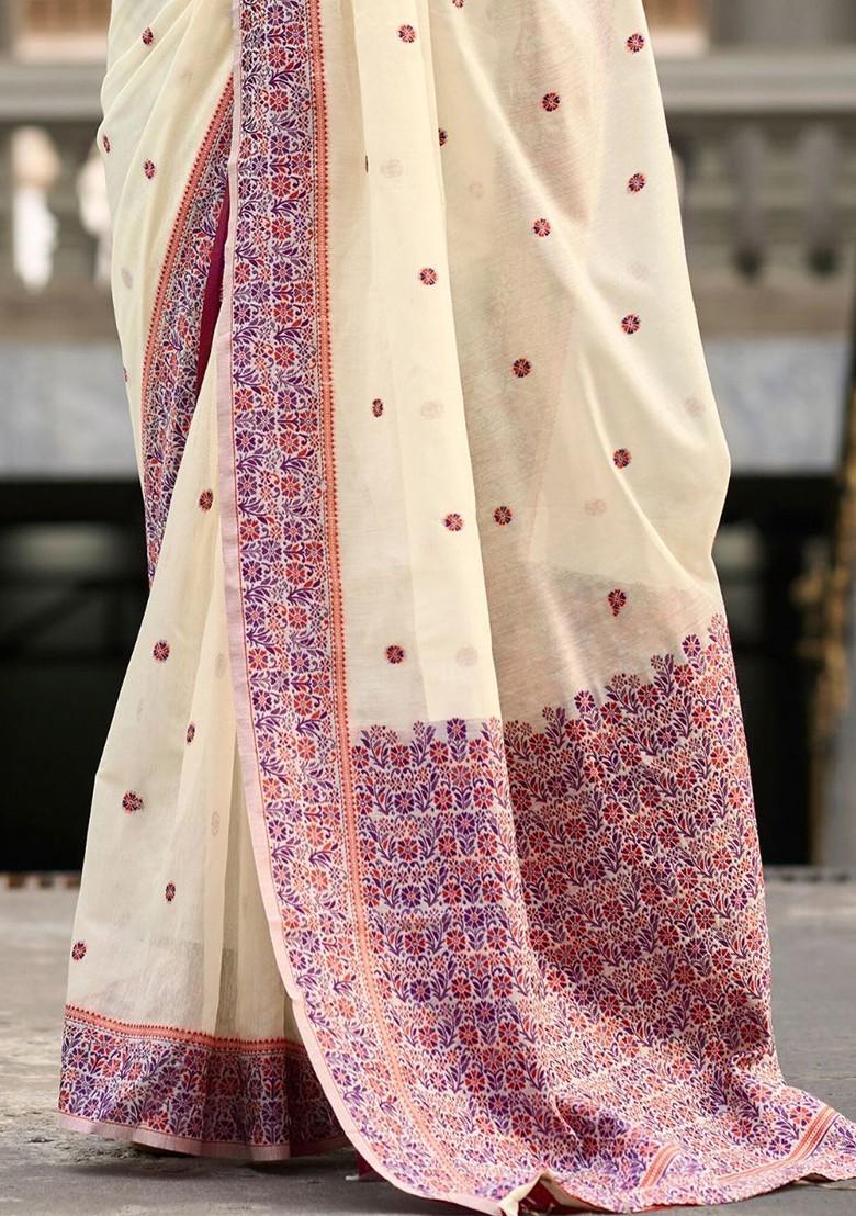 Cream Embroidered Poly Blend Saree Set With Blouse