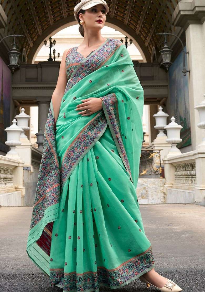 Turquoise Blue Embroidered Poly Blend Saree Set With Blouse - Indya