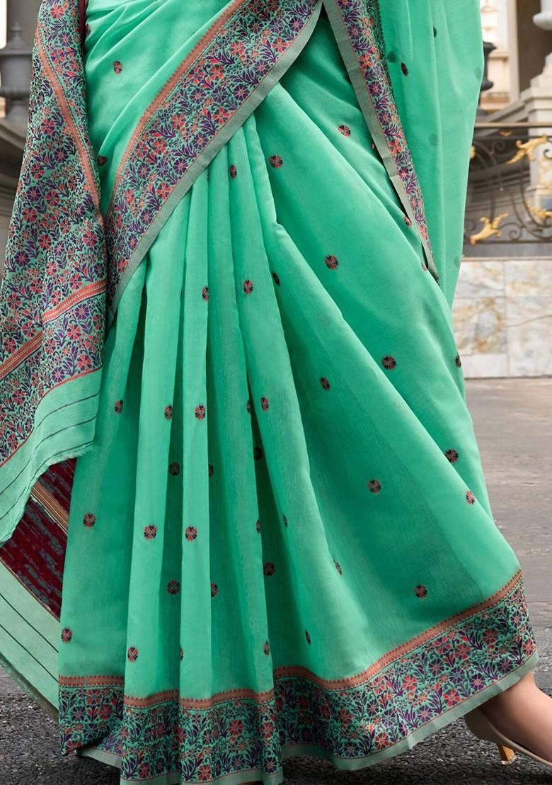 Turquoise Blue Embroidered Poly Blend Saree Set With Blouse