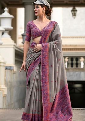Grey Embroidered Poly Blend Saree Set With Blouse