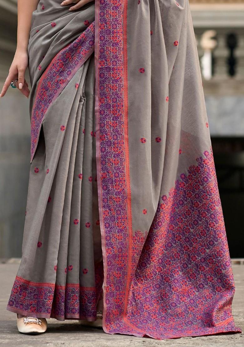Grey Embroidered Poly Blend Saree Set With Blouse
