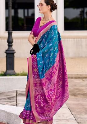 Blue Embroidered Poly Blend Saree Set With Blouse