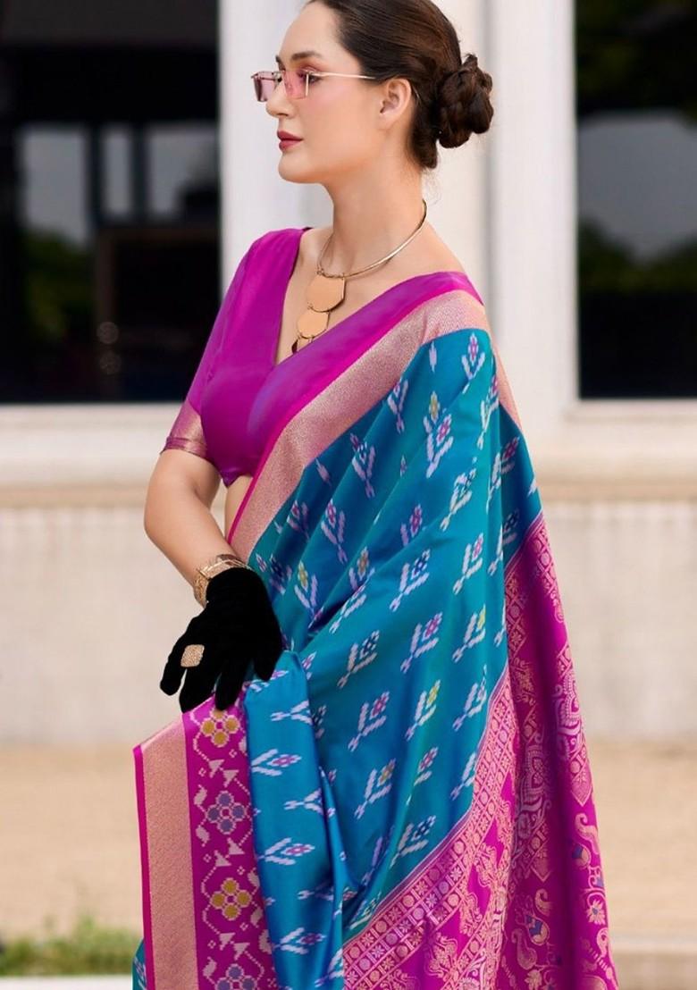 Blue Embroidered Poly Blend Saree Set With Blouse