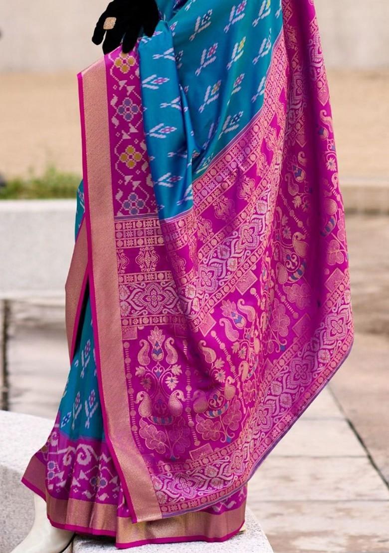 Blue Embroidered Poly Blend Saree Set With Blouse
