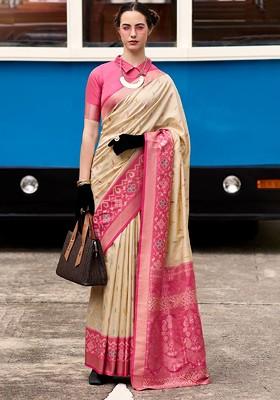 Beige Embroidered Poly Blend Saree Set With Blouse